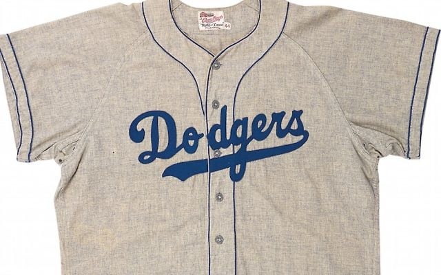 The jersey from Sandy Koufax’s first season in 1955. (Lelands, via JTA)