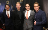 Some of the talent behind 'Dear Evan Hansen,' from left: Lyricists Benj Pasek and Justin Paul, writer Steven Levinson and lead actor Ben Platt at the NYU Skirball Center, May 7, 2017. (Monica Schipper/Getty Images for Lucille Lortel Awards/JTA)