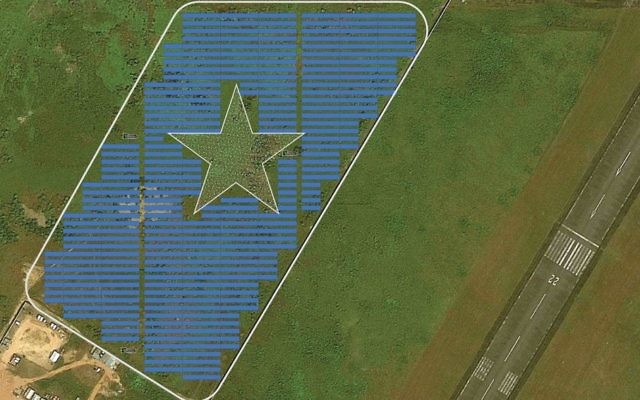 A mockup of the proposed Energiya Global 10 megawatt solar field near Roberts International Airport in Monrovia, Liberia. The field includes a star in honor of the Liberian flag. (courtesy Energiya Global) A mockup of the proposed Energiya Global 10 megawatt solar field near Roberts International Airport in Monrovia, Liberia. The field includes a star in honor of the Liberian flag. (courtesy Energiya Global)