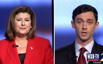 Candidates in Georgia's special congressional election Karen Handel (R) and Jon Ossof (D) participate in a debate (YouTube screenshot)