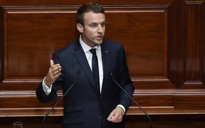 French President Emmanuel Macron speaks during a special congress gathering both houses of parliament (National Assembly and Senate) in the palace of Versailles, outside Paris, July 3, 2017. (AFP/POOL/Eric FEFERBERG) French President Emmanuel Macron speaks during a special congress gathering both houses of parliament (National Assembly and Senate) in the palace of Versailles, outside Paris, July 3, 2017. (AFP/POOL/Eric FEFERBERG)