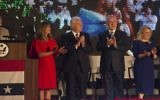 US Ambassador to Israel David Friedman, second left, stands next to his wife Tammy, left,  Prime Minister Benjamin Netanyahu, second from right, and his wife Sara during a Fourth of July Independence Day celebration at the Ambassador's residence in Herzilya Pituah on July 3, 2017. (AFP / Heidi Levine)
