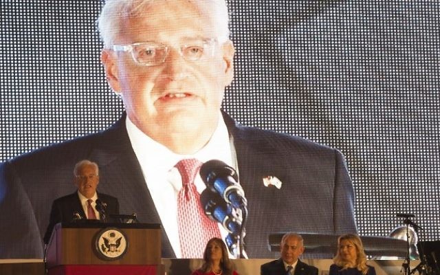 US Ambassador to Israel David Friedman, left, speaks on stage during a Fourth of July Independence Day celebration at the residence of the US Ambassador to Israel in Herzilya Pituah on July 3, 2017. (AFP / Heidi Levine) US Ambassador to Israel David Friedman, left, speaks on stage during a Fourth of July Independence Day celebration at the residence of the US Ambassador to Israel in Herzilya Pituah on July 3, 2017. (AFP / Heidi Levine)