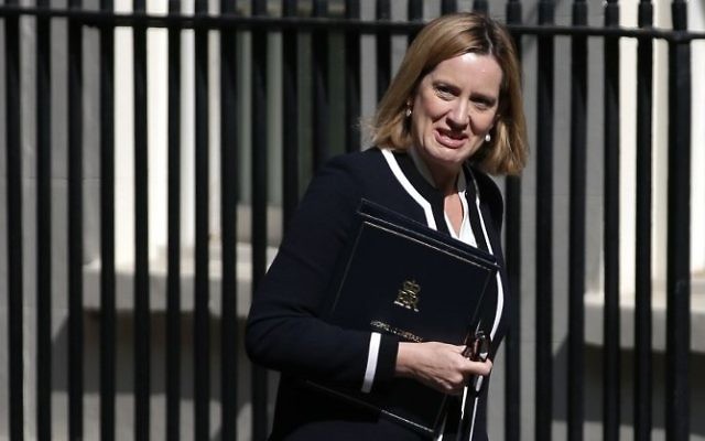 Britain's Home Secretary Amber Rudd arrives for a Cabinet meeting at 10 Downing Street in central London, July 4, 2017. (AFP/Daniel Leal-Olivas) Britain's Home Secretary Amber Rudd arrives for a Cabinet meeting at 10 Downing Street in central London, July 4, 2017. (AFP/Daniel Leal-Olivas)