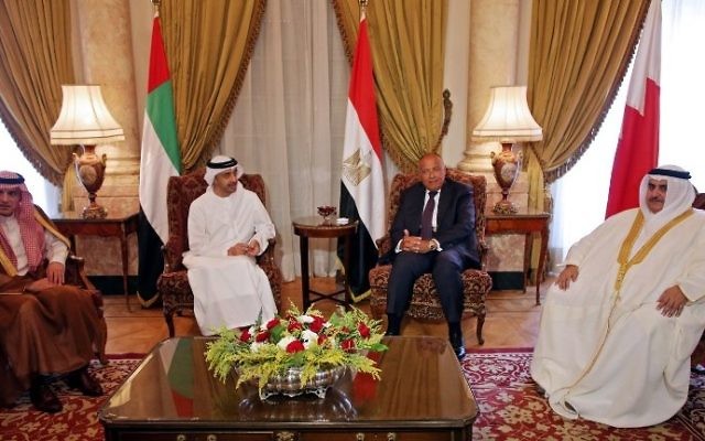 Saudi Foreign Minister Adel al-Jubeir (L), UAE Minister of Foreign Affairs and International Cooperation Abdullah bin Zayed Al-Nahyan (C-L), Egyptian Foreign Minister Sameh Shoukry (C-R), and Bahraini Foreign Minister Khalid bin Ahmed al-Khalifa (R) meet in the Egyptian capital Cairo on July 5, 2017, to discuss the Gulf diplomatic crisis with Qatar. (AFP PHOTO / POOL / Khaled ELFIQI) Saudi Foreign Minister Adel al-Jubeir (L), UAE Minister of Foreign Affairs and International Cooperation Abdullah bin Zayed Al-Nahyan (C-L), Egyptian Foreign Minister Sameh Shoukry (C-R), and Bahraini Foreign Minister Khalid bin Ahmed al-Khalifa (R) meet in the Egyptian capital Cairo on July 5, 2017, to discuss the Gulf diplomatic crisis with Qatar. (AFP PHOTO / POOL / Khaled ELFIQI)