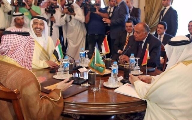 Saudi Foreign Minister Adel al-Jubeir (L), UAE Minister of Foreign Affairs and International Cooperation Abdullah bin Zayed Al-Nahyan (2nd-L), Egyptian Foreign Minister Sameh Shoukry (2nd-R), and Bahraini Foreign Minister Khalid bin Ahmed al-Khalifa (R) meet in the Egyptian capital Cairo on July 5, 2017, to discuss the Gulf diplomatic crisis with Qatar, as Doha called for dialogue to resolve the dispute. (Khaled ELFIQI / POOL / AFP) Saudi Foreign Minister Adel al-Jubeir (L), UAE Minister of Foreign Affairs and International Cooperation Abdullah bin Zayed Al-Nahyan (2nd-L), Egyptian Foreign Minister Sameh Shoukry (2nd-R), and Bahraini Foreign Minister Khalid bin Ahmed al-Khalifa (R) meet in the Egyptian capital Cairo on July 5, 2017, to discuss the Gulf diplomatic crisis with Qatar, as Doha called for dialogue to resolve the dispute. (Khaled ELFIQI / POOL / AFP)
