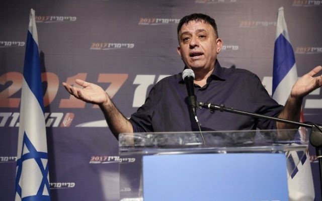 Newly elected Labor leader Avi Gabbay addresses supporters in Tel Aviv after winning the party's leadership primaries on July 10, 2017. (AFP Photo/Jack Guez)