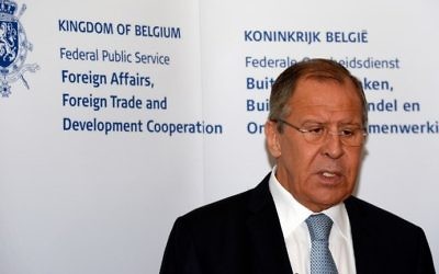 Russian Foreign Affairs Minister Sergey Lavrov delivers a press conference after meeting with the Belgian Foreign Affairs Minister at Egmont Palace in Brussels, July 12, 2017. (AFP/THIERRY CHARLIER)