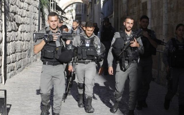 Israeli border policemen patrol in Jerusalem's Old City, on July 16, 2017. (Menahem Kahana/AFP)