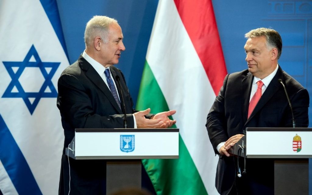 Prime Minister Benjamin Netanyahu (L) and his Hungarian counterpart Viktor Orban give a joint press conference at the parliament in Budapest, Hungary, on July 18, 2017 (AFP PHOTO / HUNGARIAN PRIME MINISTER'S OFFICE AND POOL / KAROLY ARVAI) Prime Minister Benjamin Netanyahu (L) and his Hungarian counterpart Viktor Orban give a joint press conference at the parliament in Budapest, Hungary, on July 18, 2017 (AFP PHOTO / HUNGARIAN PRIME MINISTER'S OFFICE AND POOL / KAROLY ARVAI)
