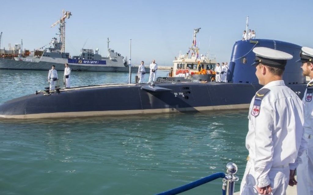Illustrative: A German-made INS Rahav Dolphin 2-class submarine arrives at the military port of Haifa on January 12, 2016. (AFP Photo/Jack Guez)