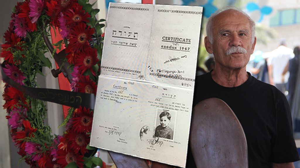 A survivor with his papers from when he was four yeas old in front of the Exodus memorial at Haifa port, July 18, 2017. (Laura Ben-David) A survivor with his papers from when he was four yeas old in front of the Exodus memorial at Haifa port, July 18, 2017. (Laura Ben-David)