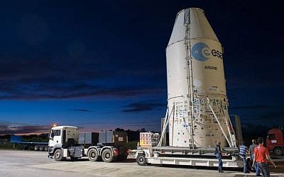 The VENµS satellite and launcher at the launch site in French Guiana on July 31, 2017. (courtesy Israel Space Agency)