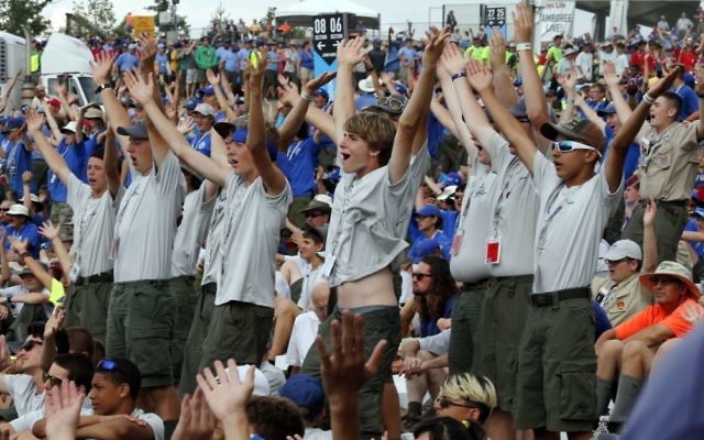 Scouts and their leaders listen to President Donald Trump at the 2017 National Boy Scout Jamboree, July 24, 2017. (AP Photo/Steve Helber)