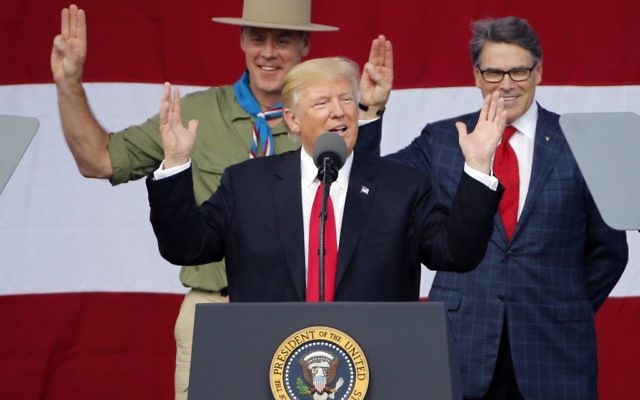 President Donald Trump speaks at the 2017 National Scout Jamboree, July 24, 2017. (AP Photo/Carolyn Kaster)