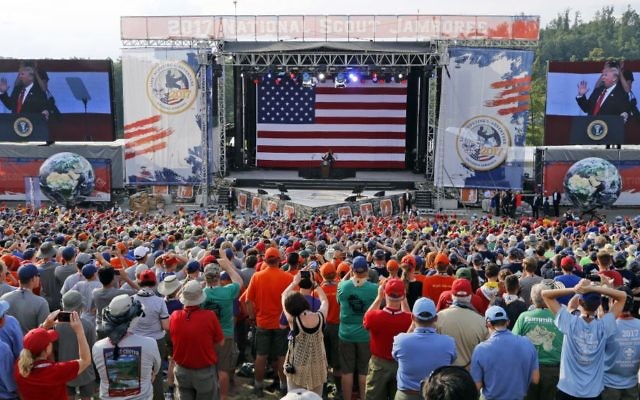 Scouts and their leaders listen to President Donald Trump at the 2017 National Boy Scout Jamboree, July 24, 2017. (AP Photo/Steve Helber)