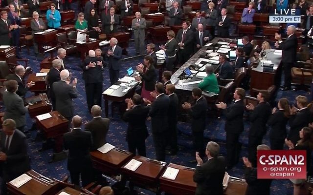 Senator John McCain is embraced by Senate Minority Leader Charles Schumer as he arrives on the floor of the Senate on Capitol Hill in Washington, July 25, 2017. (C-SPAN2 via AP) Senator John McCain is embraced by Senate Minority Leader Charles Schumer as he arrives on the floor of the Senate on Capitol Hill in Washington, July 25, 2017. (C-SPAN2 via AP)