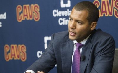 New Cleveland Cavaliers general manager Koby Altman talks during a press conference at the Cavaliers training facility in Independence, Ohio, Wednesday, July 26, 2017. (AP/Phil Long)