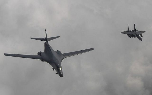 Illustrative: A US Air Force B-1B bomber, left, flies with a South Korean fighter jet F-15K over the Korean Peninsula, South Korea, Sunday, July 30, 2017 (South Korea Defense Ministry via AP) Illustrative: A US Air Force B-1B bomber, left, flies with a South Korean fighter jet F-15K over the Korean Peninsula, South Korea, Sunday, July 30, 2017 (South Korea Defense Ministry via AP)