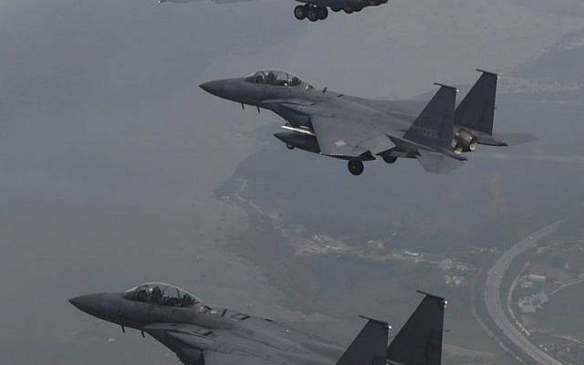 A US Air Force B-1B bomber, top, flies with South Korean fighter jets F-15K over Osan Air Base in Pyeongtaek, South Korea, Sunday, July 30, 2017 (South Korea Defense Ministry via AP) A US Air Force B-1B bomber, top, flies with South Korean fighter jets F-15K over Osan Air Base in Pyeongtaek, South Korea, Sunday, July 30, 2017 (South Korea Defense Ministry via AP)