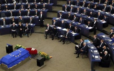 Leaders sit during an homage ceremony to former German Chancellor Helmut Kohl, at the European ceremony in Strasbourg, eastern France, Saturday July 1, 2017 (AP Photo/Michel Euler)
