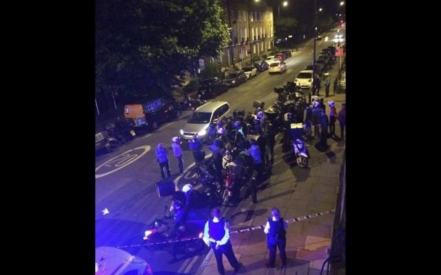 This is an image made available by Sarah Cobbold of the scene of an acid attack in London early Thursday July 13, 2017. (Sarah Cobbold via AP) This is an image made available by Sarah Cobbold of the scene of an acid attack in London early Thursday July 13, 2017. (Sarah Cobbold via AP)