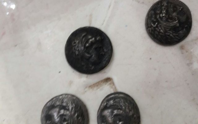 Rare coins from the era of Alexander the Great caught by Ministry of Defense Crossing Authority at Erez Crossing, July 16, 2017. (Ministry of Defense Crossing Authority)