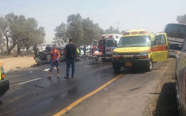 Medics respond to an accident involving a car and a bus, in which an IDF officer was killed, in southern Israel on July 17, 2017. (Magen David Adom) Medics respond to an accident involving a car and a bus, in which an IDF officer was killed, in southern Israel on July 17, 2017. (Magen David Adom)