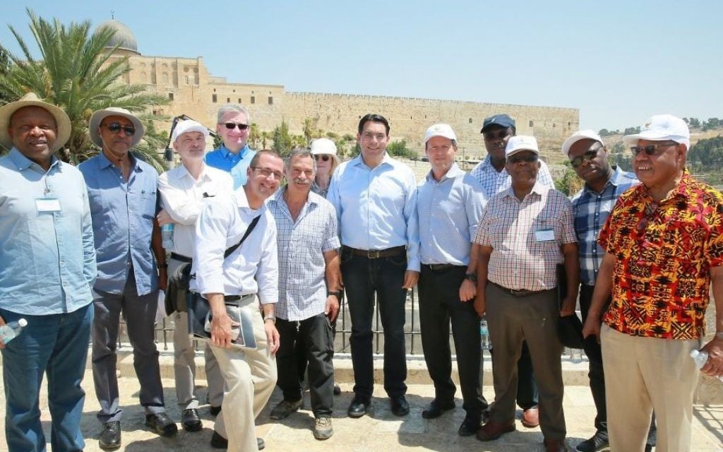 Israel's UN Ambassador Danny Danon (C) tours the City of David archaeological site in Jerusalem with fellow UN envoys on July 3, 2017. (Arnon Bossani and Frayda Leibtag, courtesy)