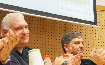 Israel Danziger, left, at an event in 2015. (Basal Awidat/Flash90)