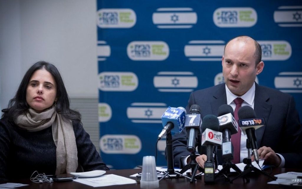 Education Minister Naftali Bennett (R) and Justice Minister Ayelet Shaked attend a Jewish Home faction meeting at the Knesset on December 12, 2016.
(Yonatan Sindel/Flash90)