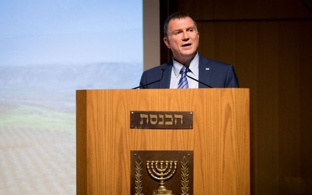 Knesset Speaker Yuli Edelstein attends a ceremony at the Knesset, Jerusalem, June 6, 2017. (Yonatan Sindel/Flash90) Knesset Speaker Yuli Edelstein attends a ceremony at the Knesset, Jerusalem, June 6, 2017. (Yonatan Sindel/Flash90)