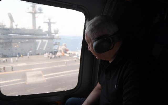 Prime Minister Benjamin Netanyahu and his wife Sara visit the American aircraft carrier, 'George HW Bush," which is anchored near the Haifa coastline in Israel, July 3, 2017. (Haim Zach/GPO) Prime Minister Benjamin Netanyahu and his wife Sara visit the American aircraft carrier, 'George HW Bush," which is anchored near the Haifa coastline in Israel, July 3, 2017. (Haim Zach/GPO)