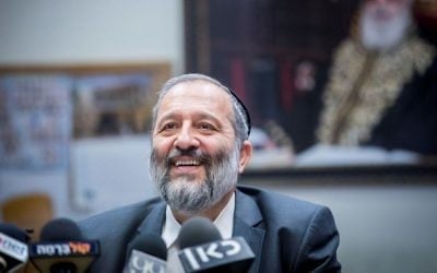 Interior Minister Aryeh Deri leads a Shas faction meeting at the Knesset on July 3, 2017. (Yonatan Sindel/Flash90)
