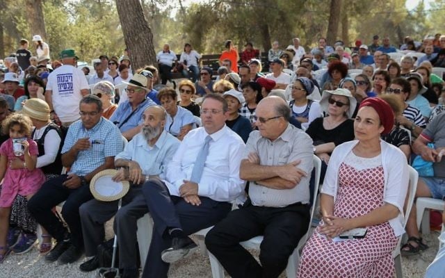 Settler leaders attend an event at the Oz Vegaon outpost in Gush Etziyon on July 9, 2017. (Gershon Elinson/Flash90) Settler leaders attend an event at the Oz Vegaon outpost in Gush Etziyon on July 9, 2017. (Gershon Elinson/Flash90)