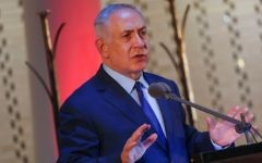 Prime Minister Benjamin Netanyahu speaks during a memorial ceremony marking three years since Operation Protective Edge at Mount Herzl military cemetery in Jerusalem on July 13, 2017. (Hadas Parush/Flash90)