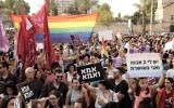 Thousands protest in support of the right of LGBT couples to adopt children at a demonstration in Tel Aviv on July 20, 2017. (Tomer Neuberg/Flash90)
