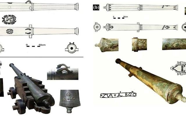 The bronze cannons as found at sea and decorative elements of cannon C after cleaning (E. Galili)