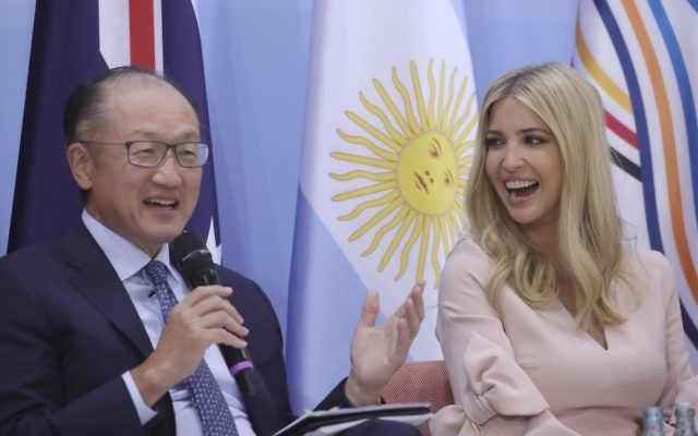 President of World Bank Group, Jim Yong Kim, left, and the daughter and advisor of US president Donald Trump, Ivanka take part in a panel discussion "Launch Event Women's Entrepreneur Finance Initiative" during the G-20 summit in Hamburg, Germany, Saturday, July 8, 2017. (Michael Kappeler/Pool Photo via AP)