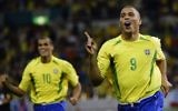 Brazilian soccer legend Ronaldo, right, after scoring a goal in a 2002 World Cup game between Brazil and Turkey played in Japan, June 26, 2002. (Alex Livesey/Getty Images via JTA)
