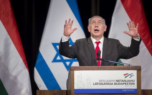 Prime Minister Benjamin Netanyahu delivers his speech in the Goldmark Room of the Federation of Jewish Religious Communities of Hungary (Mazsihisz) Office in Budapest, Hungary, Wednesday, July 19, 2017. (Balazs Mohai/MTI via AP)