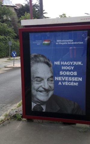 This photo taken Wednesday, July 5, 2017 in Budapest, Hungary, shows an anti-Soros campaign reading "99 percent reject illegal migration" and “Let’s not allow Soros to have the last laugh”. (AP/Pablo Gorondi)
