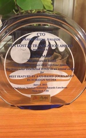 The trophy awarded to writer Julie Masis for the Best Feature by a US Journalist that appeared in Foreign Media from the Caribbean Tourism Organization's annual Caribbean Media Awards. (courtesy)