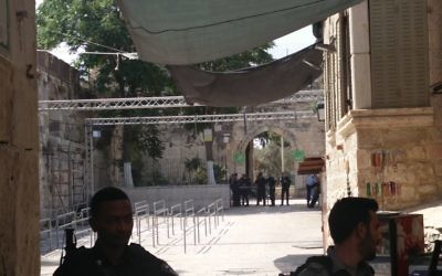 The entrance to the Temple Mount near Lion's Gate, on July 25, 2017, after the removal of metal detectors and security cameras. (Raoul Wootliff/Times of Israel)