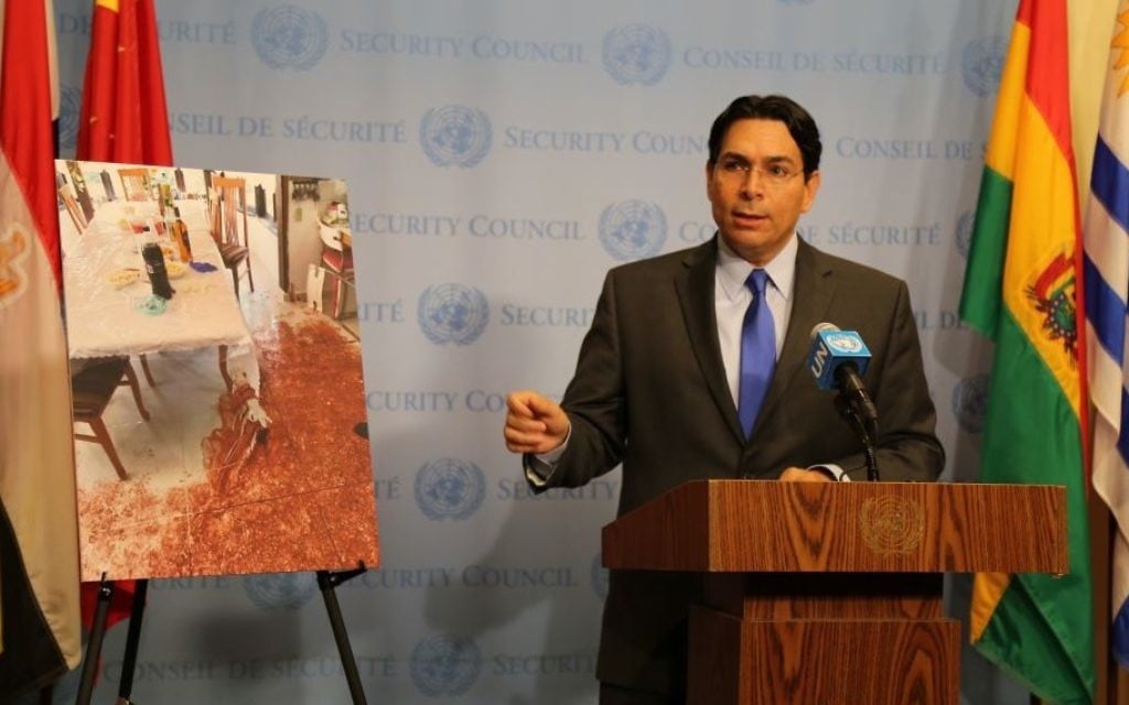 Israel ambassador Danny Danon speaks outside the UN Security Council meeting on tensions in Jerusalem, July 24 2917. (Courtesy)