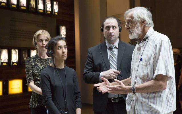 Yazidi activists Haider Elias (2R) and Nadia Murad (2L) and Elizabeth Schaeffer Brown (L) from Nadia's Initiative in Yad Vashem on July 24, 2017 (Mickey Noam-Alon/IsraAID) Yazidi activists Haider Elias (2R) and Nadia Murad (2L) and Elizabeth Schaeffer Brown (L) from Nadia's Initiative in Yad Vashem on July 24, 2017 (Mickey Noam-Alon/IsraAID)