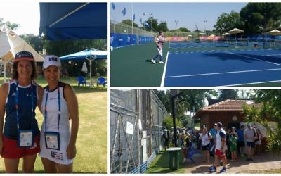 Clockwise from left: Marci Cohen, left, and Gina Jorasch 45 minutes before a match; a tennis player warms up at the Kfar Maccabiah facilities; athletes get ready to compete. (Yaakov Schwartz/Times of Israel)