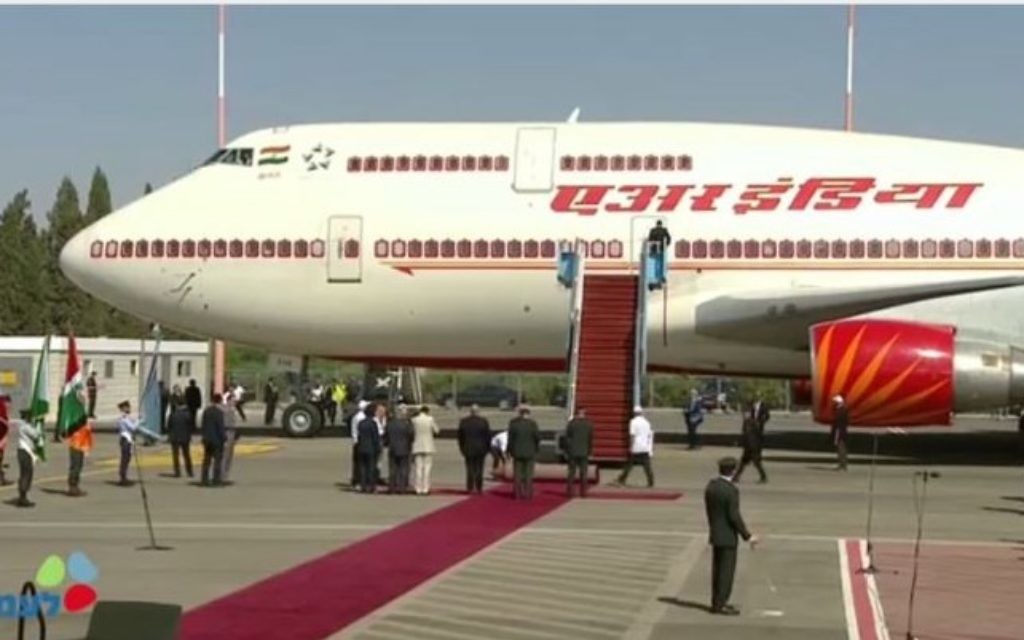 Screen capture from video of Indian Prime Minister Narendra Modi's jet arriving at Ben Gurion International Airport at the start of his official visit to Israel, July 4, 2017. (Government Press Office)