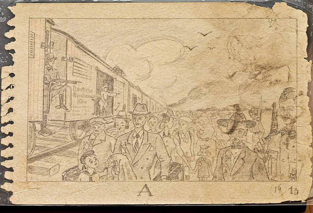 Reproduction of a pencil sketch by unknown inmate of the Nazi German death camp of Auschwitz showing the arrival of a transport of Jews, guarded by armed German soldiers. It is a page from the so-called Auschwitz Sketchbook that was found after World War II and is now on display at the 'Face to Face. Art in Auschwitz' exhibition of art by inmates shown at the Szolayski house in Krakow, Poland, July 12,2017. (Bartosz Bartyzel/Ayschwitz Museum) 