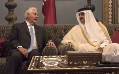 US Secretary of State Rex Tillerson meets with the Emir of Qatar, Sheikh Tamim Bin Hamad Al Thani, at the Sea Palace, in Doha, Qatar, July 11, 2017. (Alexander W. iedel/US State Department via AP)